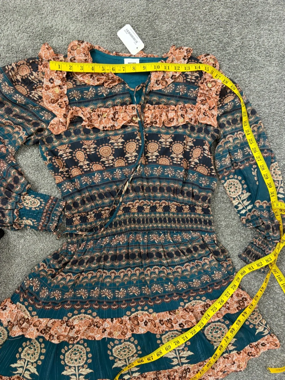 NWT AUREUM Teal and Peach Ruffled Long-Sleeve Tiered Mini Dress - Picture 7 of 9